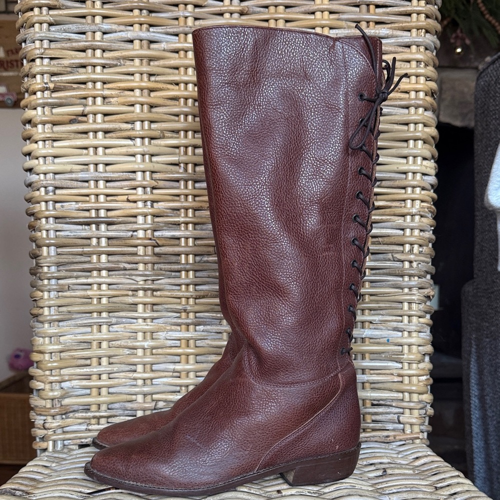 Vintage Glacee brown leather knee hi western boots with lace up back